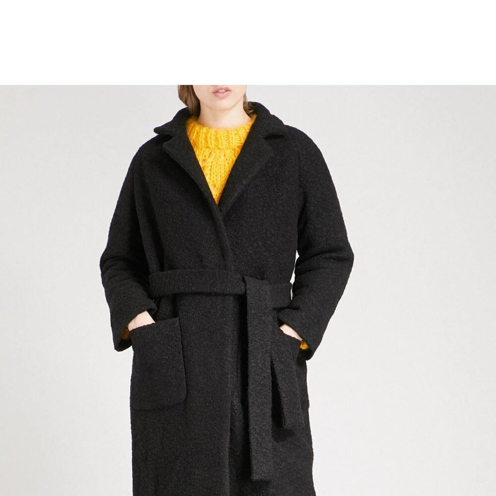 $400 GANNI Women's Black Fenn Bouclé Wool-blend Wrap Coat WARM WINTER 40